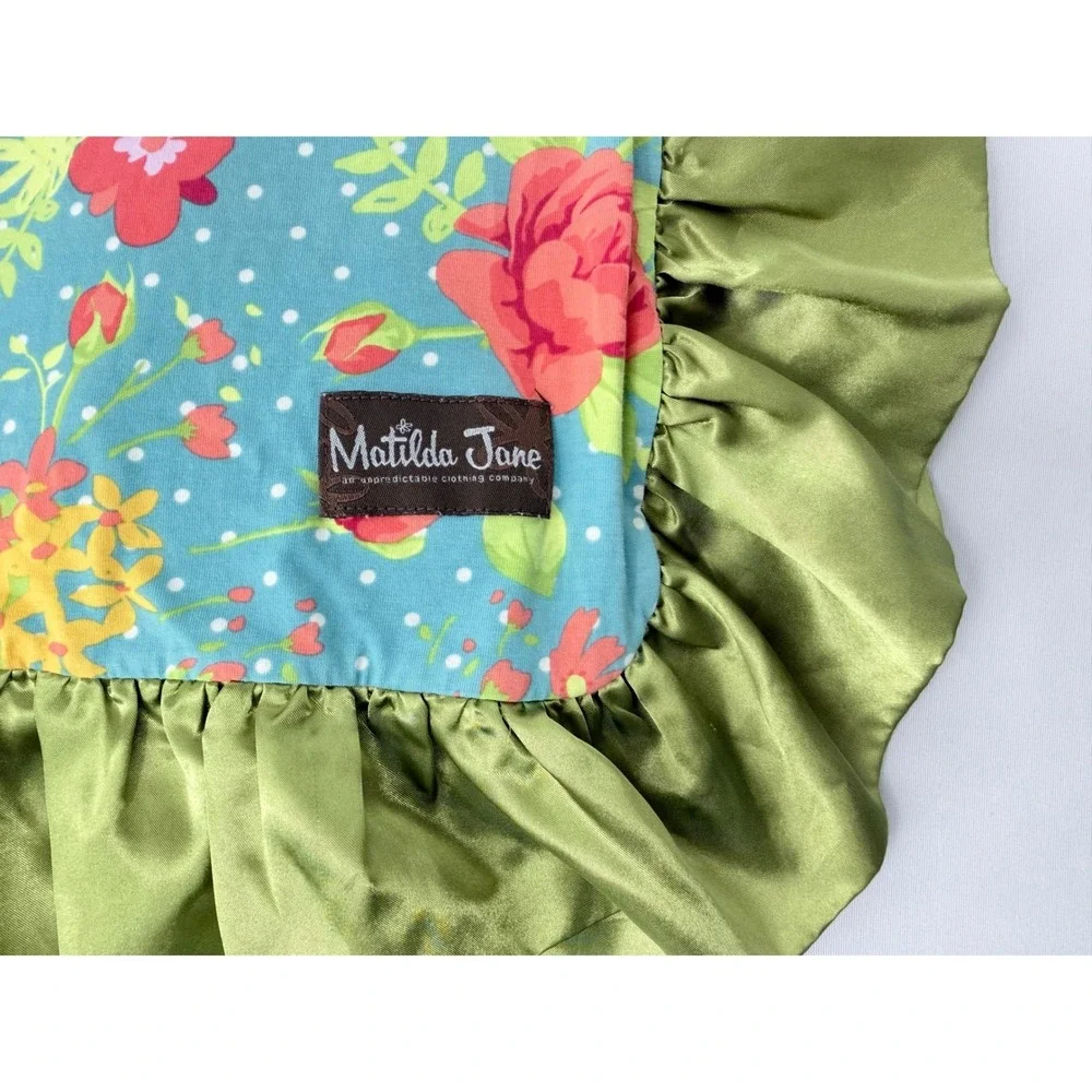 Matilda Jane Floral Baby Blanket Blue Green Ruffle Satin Trim 56x56